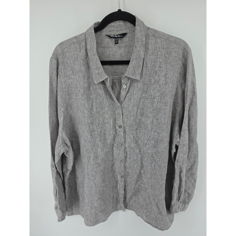 Ulla Popken Womens Grey 100% Linen Button Down Roll Tab Sleeve Shirt Size 20/22
